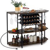 A 4-tier wine and bar storage rack with a dark brown wood finish and black metal frame, shown styled with wine bottles, glasses, jars, and decorative items on a white background.