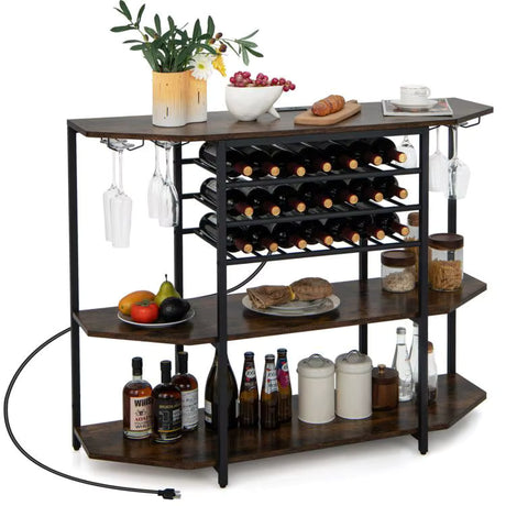 A 4-tier wine and bar storage rack with a dark brown wood finish and black metal frame, shown styled with wine bottles, glasses, jars, and decorative items on a white background.