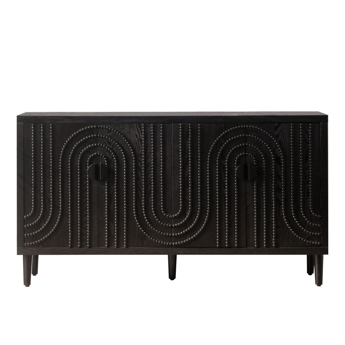 Black cabinet with decorative pattern on a white background