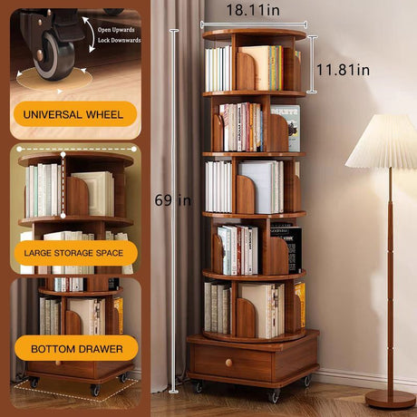Wooden corner bookshelf with wheels, storage space, and dimensions displayed.