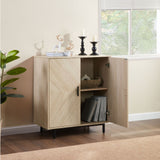 Wooden cabinet with open door displaying books and decor items in a room with a window and plant.