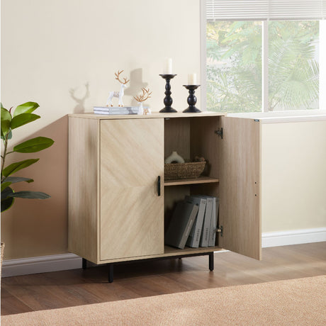 Wooden cabinet with open door displaying books and decor items in a room with a window and plant.