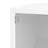 Close-up of a white cabinet with a glass door on a white background