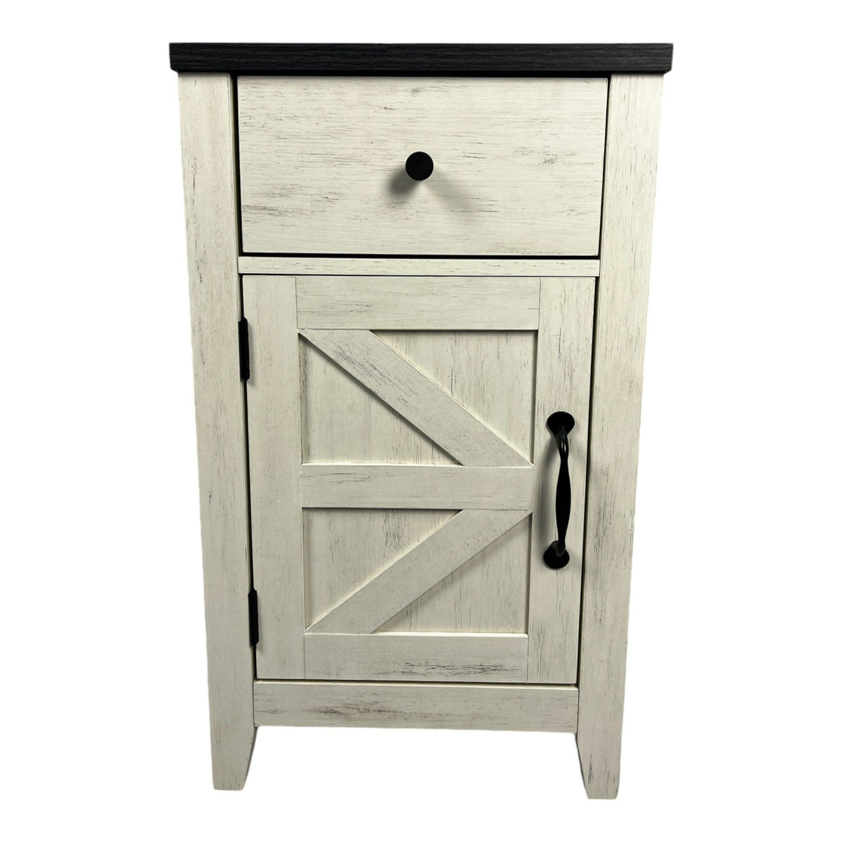 Wooden cabinet with a drawer and a barn door-style door on a white background