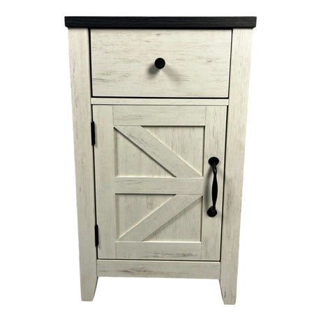 Wooden cabinet with a drawer and a barn door-style door on a white background