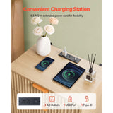 Charging station with two devices on a wooden surface, featuring text about extended power cord and port types.
