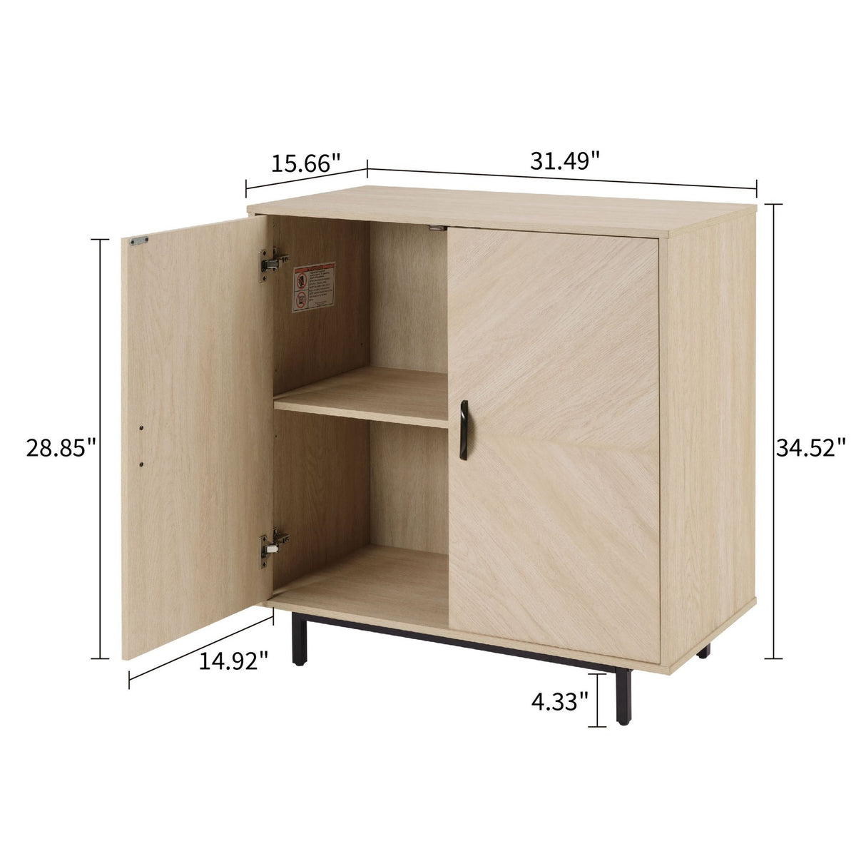 Wooden cabinet with dimensions labeled on a white background