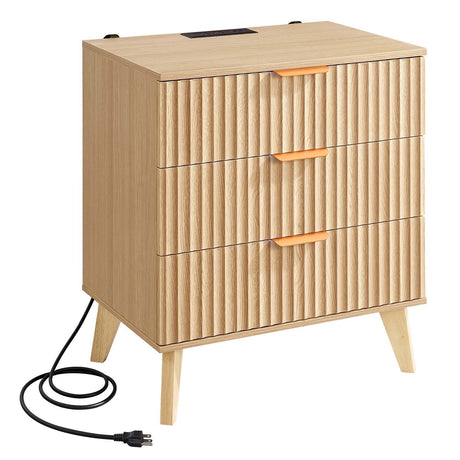 Wooden side table with three drawers and a power cord on a white background