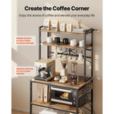 Coffee station with shelves and a worktop featuring coffee-making equipment.