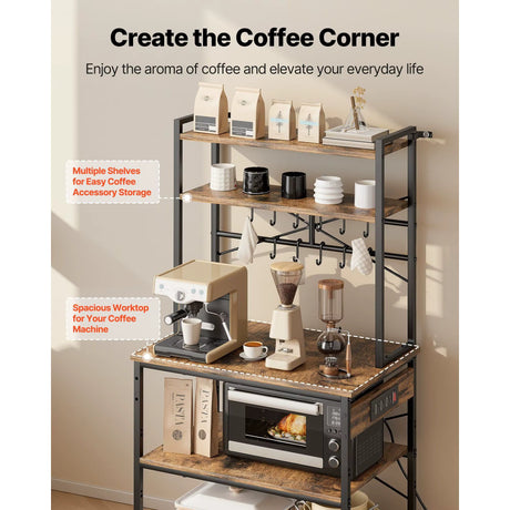 Coffee station with shelves and a worktop featuring coffee-making equipment.