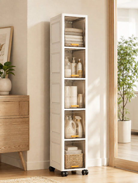 Slim rolling storage cabinet with stacked clear doors and multiple vertical compartments