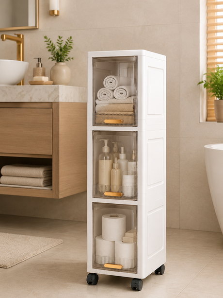 A white three-tier bathroom storage cabinet with clear plastic doors and black caster wheels, shown in a modern beige-toned bathroom next to a vanity.
