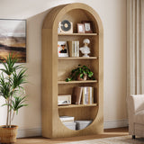 Tall five-tier arched display bookcase with open shelves and a curved top frame