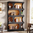 Tall four-tier asymmetrical bookcase with curved dividers, wood-effect shelves and a black metal frame