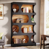 Tall four-tier asymmetrical bookcase with curved dividers, wood-effect shelves and a black metal frame