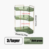 Dark green three-layer wall-mounted shelf with dimensions on a white background