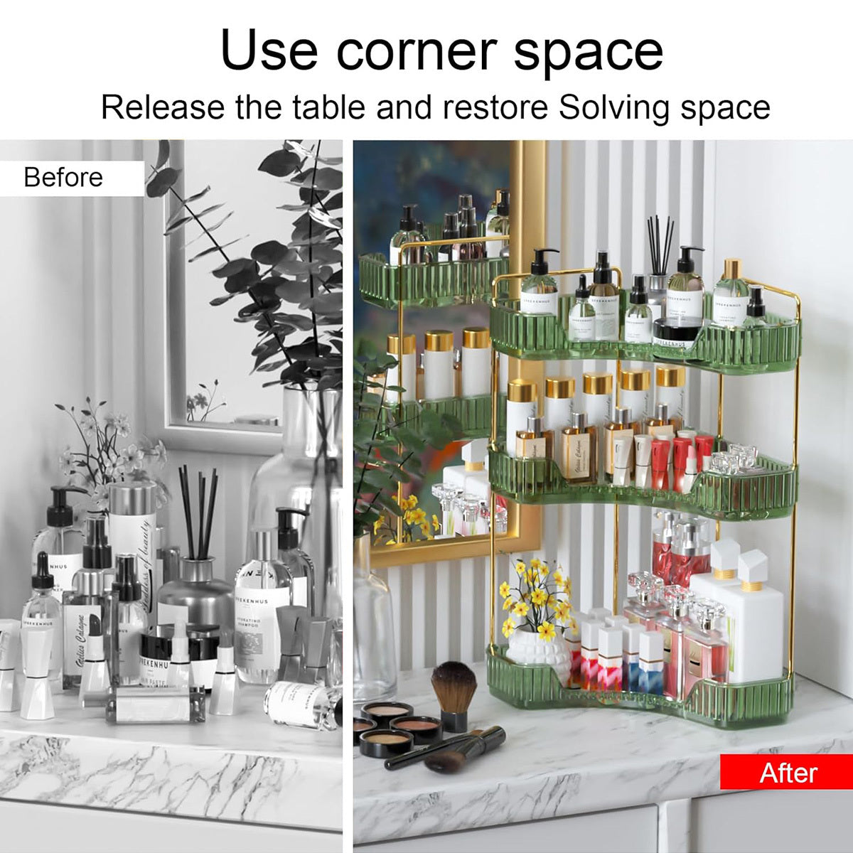 Before and after comparison of a cluttered table with a corner storage solution.