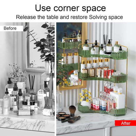 Before and after comparison of a cluttered table with a corner storage solution.