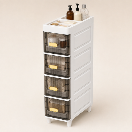 Ultra-slim four-tier storage cabinet with clear front doors and open top storage