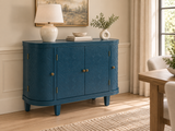 Antique blue-green oval accent cabinet viewed from the left in a warm neutral dining room