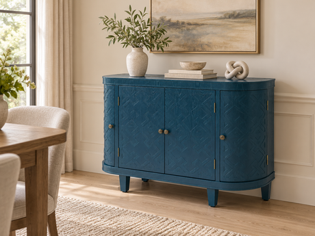 Antique blue-green oval accent cabinet with four patterned doors in an elegant neutral dining room