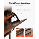 Wooden shoe rack with adjustable shelves and movable sections, showing before and after usage.