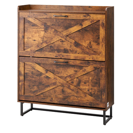 Wooden cabinet with X-shaped design on doors on a white background
